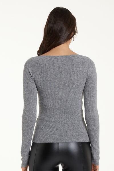 Grey Ribbed V-Neck Sweater, 5701_929V, large image number 2