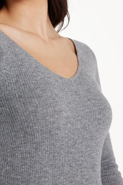 Grey Ribbed V-Neck Sweater, 5701_929V, large image number 3