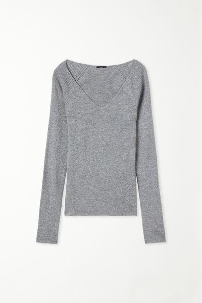 Grey Ribbed V-Neck Sweater, 5701_929V, large image number 4