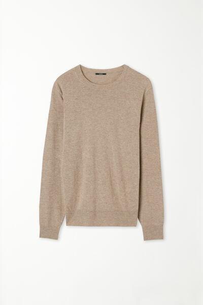 Beige Long-Sleeved Rounded Neck Heavy Jersey, , large image number 4