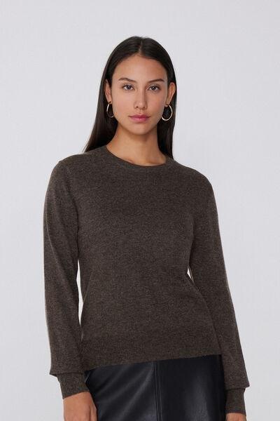 Brown Long Sleeve Round-Neckline Heavy Wool Sweater, 5701_914Y, large image number 0