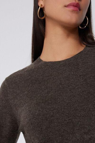 Brown Long Sleeve Round-Neckline Heavy Wool Sweater, 5701_914Y, medium