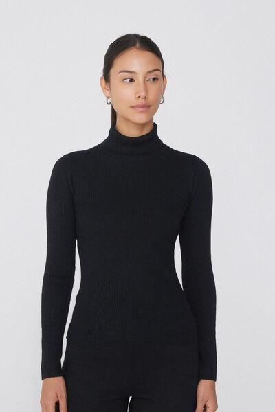 Tezenis - Black Long-Sleeved Ribbed Polo Neck Heavy Jersey