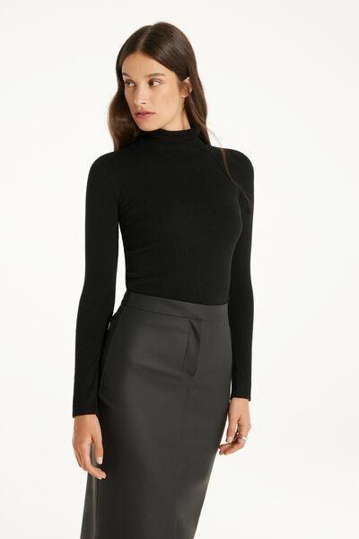 Black Long-Sleeved Ribbed Heavy Jersey, Black, large image number 0