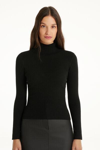 Black Long-Sleeved Ribbed Heavy Jersey, Black, large image number 1