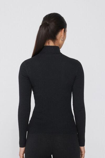 Tezenis - Black Long-Sleeved Ribbed Polo Neck Heavy Jersey