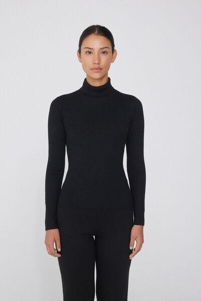 Tezenis - Black Long-Sleeved Ribbed Polo Neck Heavy Jersey