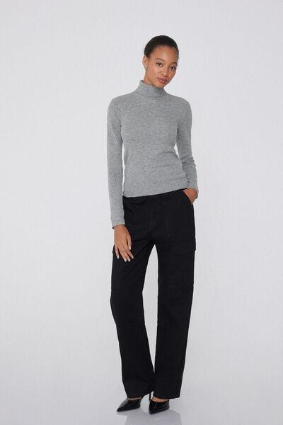 Grey Ribbed Polo Neck Sweater, , large image number 1