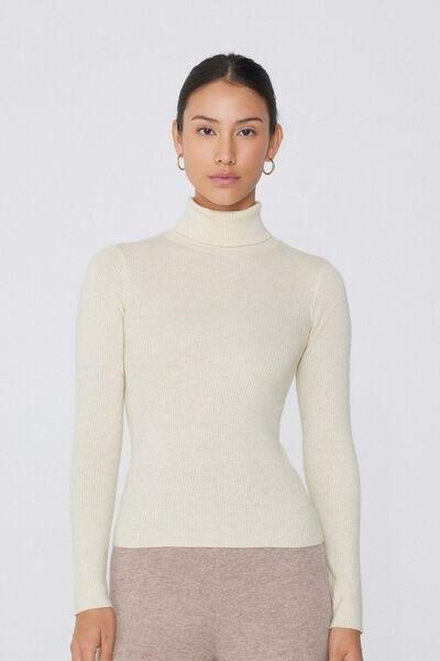 Cream Long-Sleeved Ribbed Polo Neck Heavy Jersey, , large image number 0