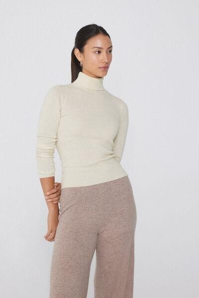 Cream Long-Sleeved Ribbed Polo Neck Heavy Jersey, , large image number 1