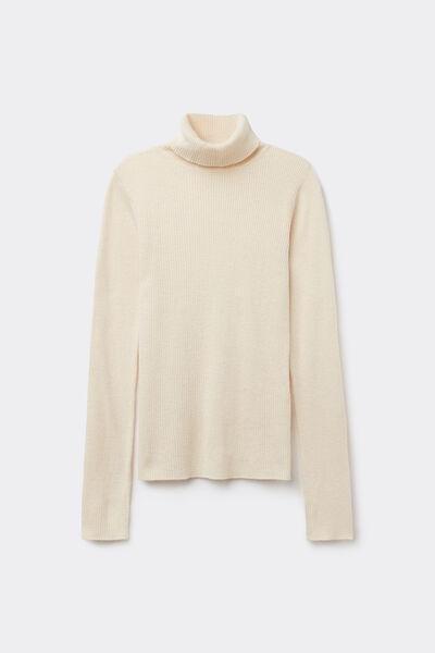 Cream Long-Sleeved Ribbed Polo Neck Heavy Jersey, , large image number 4
