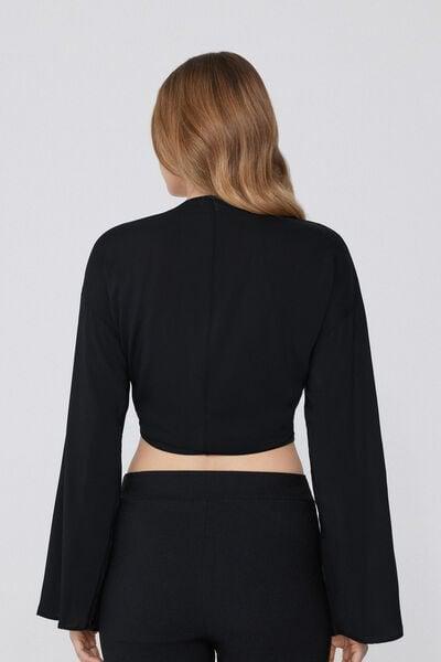 Black Long-Sleeved Short Viscose Top, Black, large image number 0