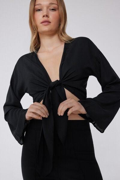 Black Long-Sleeved Short Viscose Top, Black, large image number 1