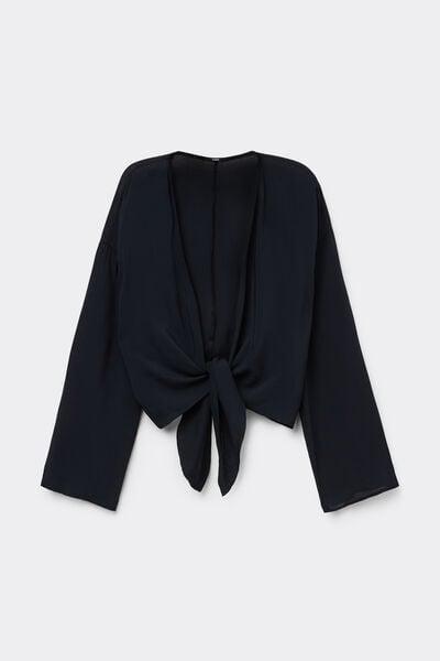 Black Long-Sleeved Short Viscose Top, Black, large image number 2