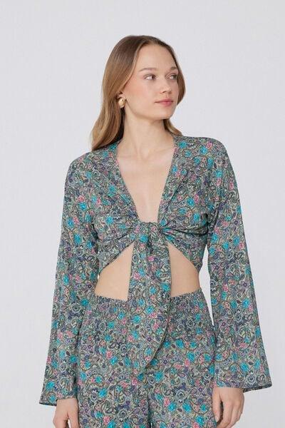 Blue Printed Long-Sleeved Short Viscose Top, 5701_763Y, large image number 1