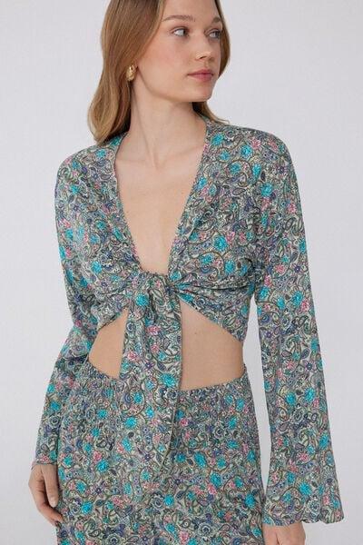 Blue Printed Long-Sleeved Short Viscose Top, 5701_763Y, large image number 2