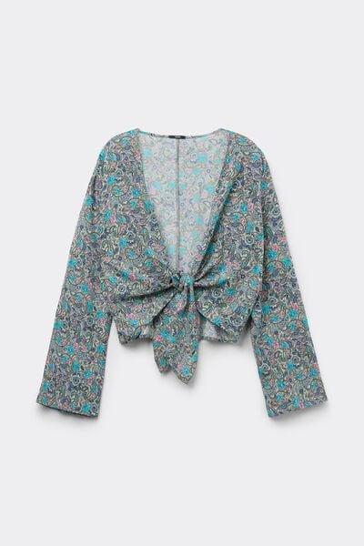 Blue Printed Long-Sleeved Short Viscose Top, 5701_763Y, large image number 3