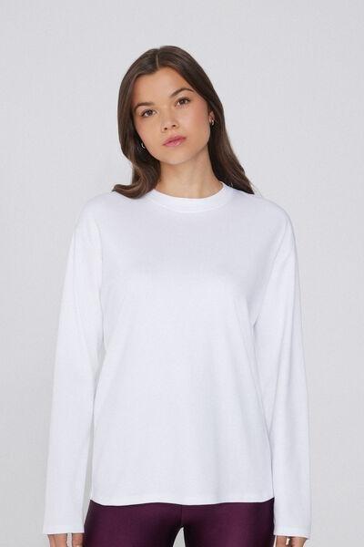 White Long Sleeve Crewneck Cotton Top, White, medium