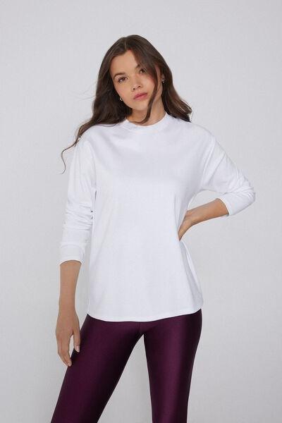 White Long Sleeve Crewneck Cotton Top, White, large image number 1