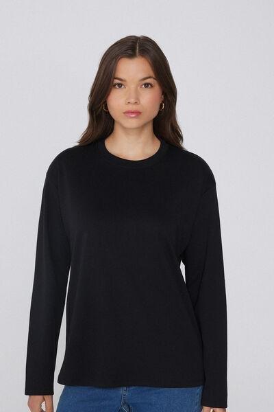 Black Long Sleeve Crewneck Cotton Top, Black, large image number 0