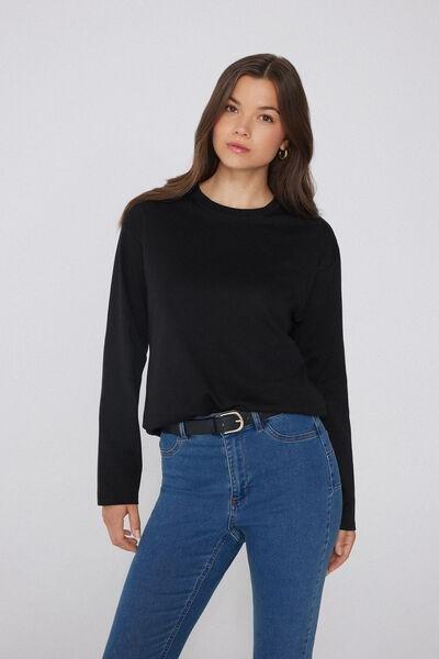 Black Long Sleeve Crewneck Cotton Top, Black, large image number 1