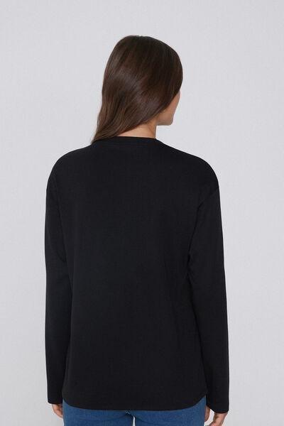 Black Long Sleeve Crewneck Cotton Top, Black, large image number 2