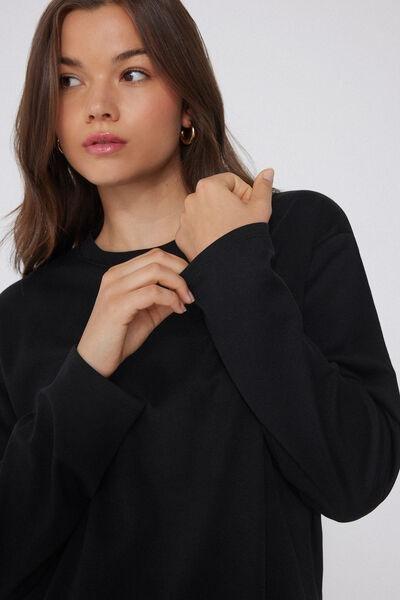 Black Long Sleeve Crewneck Cotton Top, Black, large image number 3
