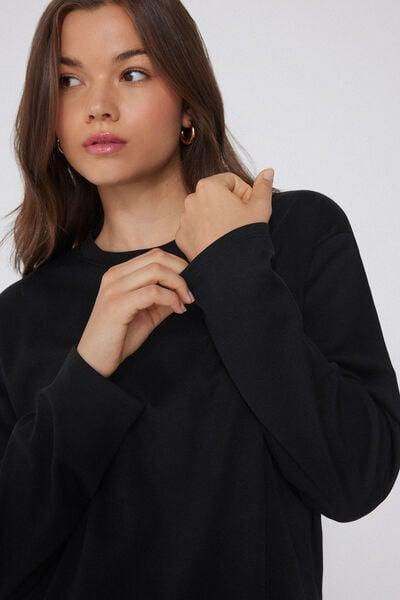 Black Long Sleeve Crewneck Cotton Top, Black, large image number 3