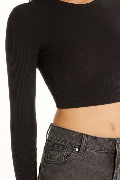 Tezenis - Black Short Ribbed Top With Long Sleeves