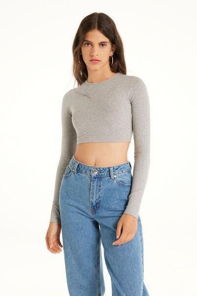 Tezenis - Grey Short Ribbed Top With Long Sleeves
