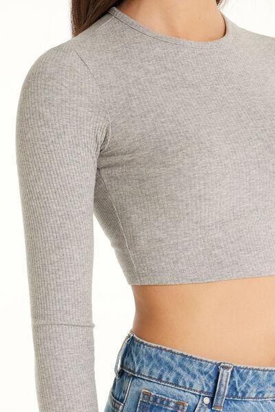 Tezenis - Grey Short Ribbed Top With Long Sleeves