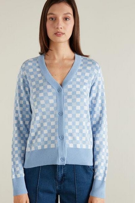 Tezenis - LIGHT IRIS BLUE CHECK Long-Sleeved Pattern Cotton Cardigan