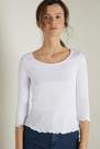 Tezenis - WHITE 3/4 Length Sleeve Ribbed Cotton Top with Rolled Hem
