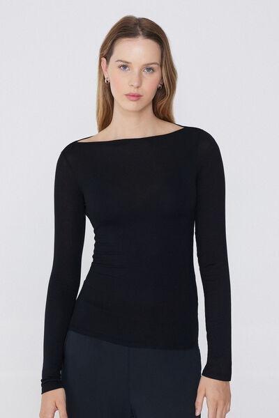 Black Long-Sleeved Viscose Boat Neck Top, , large image number 0