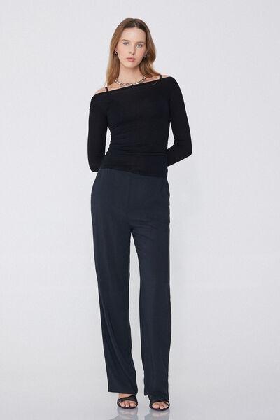 Black Long-Sleeved Viscose Boat Neck Top, , large image number 1
