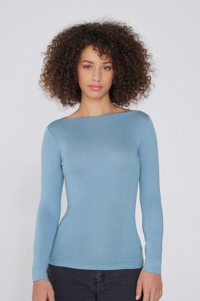 Blue Long-Sleeved Viscose Boat-Neck Top, , medium
