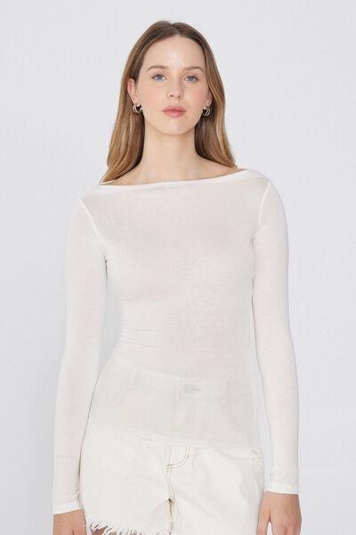 White Long-Sleeved Boat Neck Top, , large image number 0