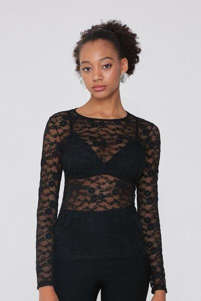 Black Sheer Lace Top, Black, medium