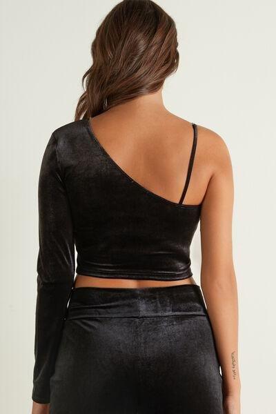 Black Short Velvet One-Shoulder Top With Jewels, , large image number 2