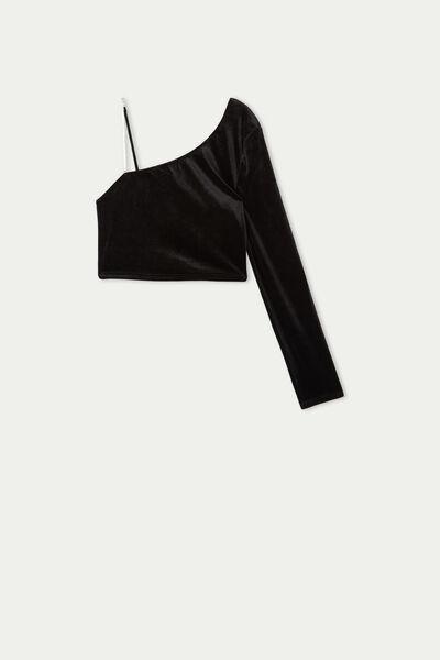 Black Short Velvet One-Shoulder Top With Jewels, , large image number 4