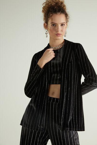 BLACK Glittery Pinstriped Velvet Blazer, , large image number 0