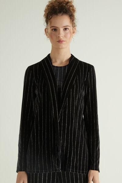 BLACK Glittery Pinstriped Velvet Blazer, , large image number 1