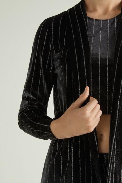 BLACK Glittery Pinstriped Velvet Blazer, , large image number 3