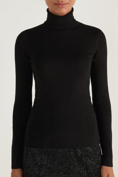 Black Long Sleeve Ribbed Polo Neck Top, , large image number 1