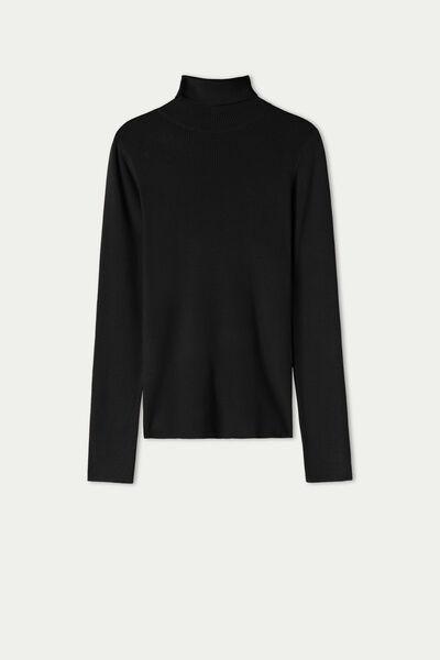 Black Long Sleeve Ribbed Polo Neck Top, , large image number 4