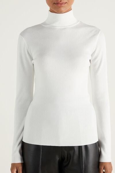 White Long Sleeve Ribbed Polo Neck Top, , large image number 1