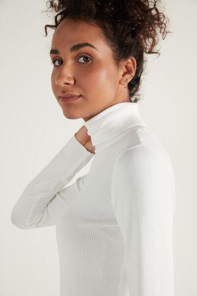 White Long Sleeve Ribbed Polo Neck Top, , large image number 3
