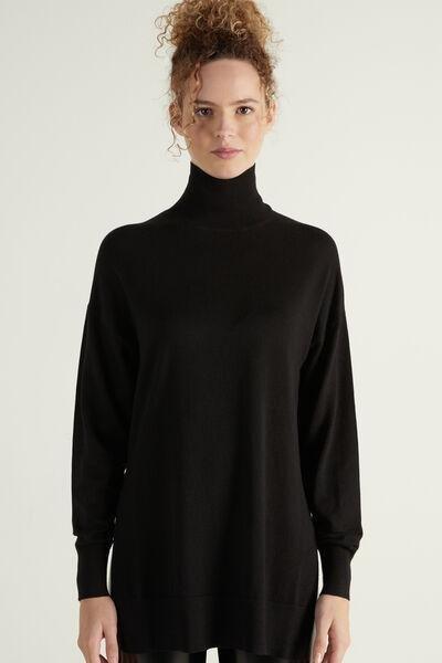 Black Long Sleeve Polo Neck Top With Slits, , large image number 1