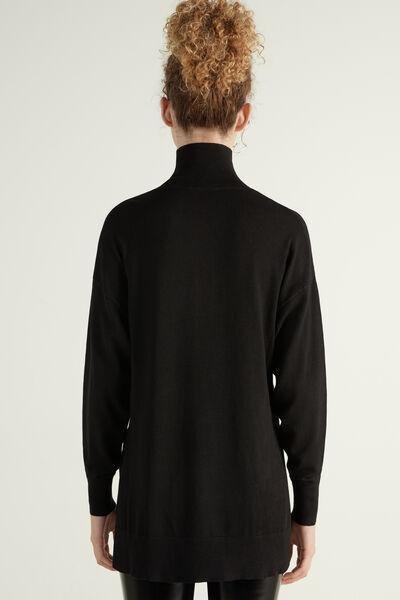 Black Long Sleeve Polo Neck Top With Slits, , large image number 2