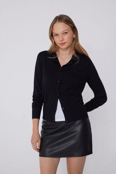 Black Fully-Fashioned Buttoned Cardigan, , large image number 1